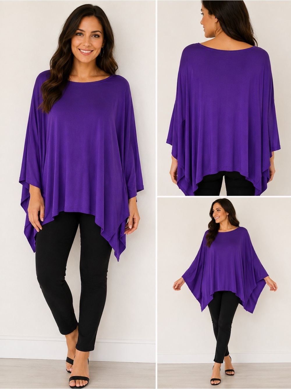 ASKARI Purple Women's Flowing Poncho Sleeve Tunic Top Asymmetrical Hem Blouse